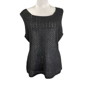 Rafaella L Open Weave Knit Tank Vest Black Linen Cotton Crochet Pullover